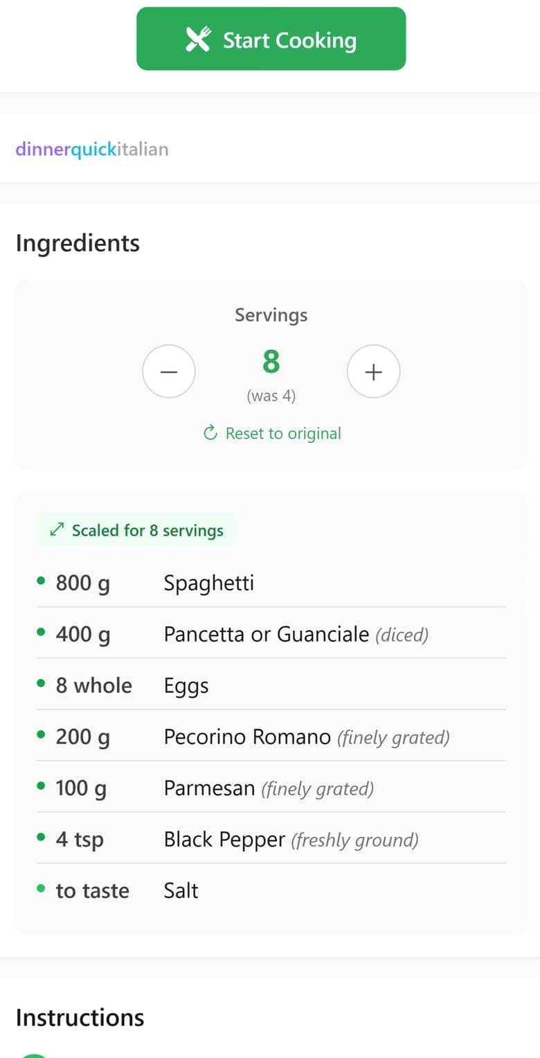 KitchenSync on Android: a carbonara recipe scaled from 4 to 8 servings, with every ingredient quantity recalculated.