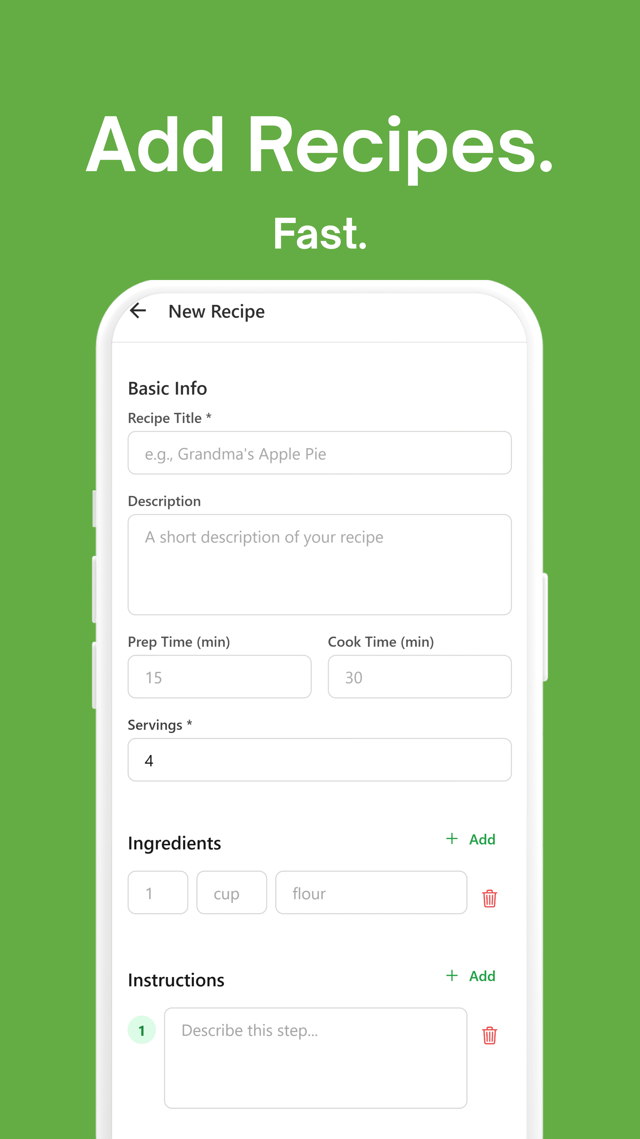 KitchenSync store listing: Add Recipes. Fast. The New Recipe form with title, description, prep and cook time, servings, ingredients and instructions.