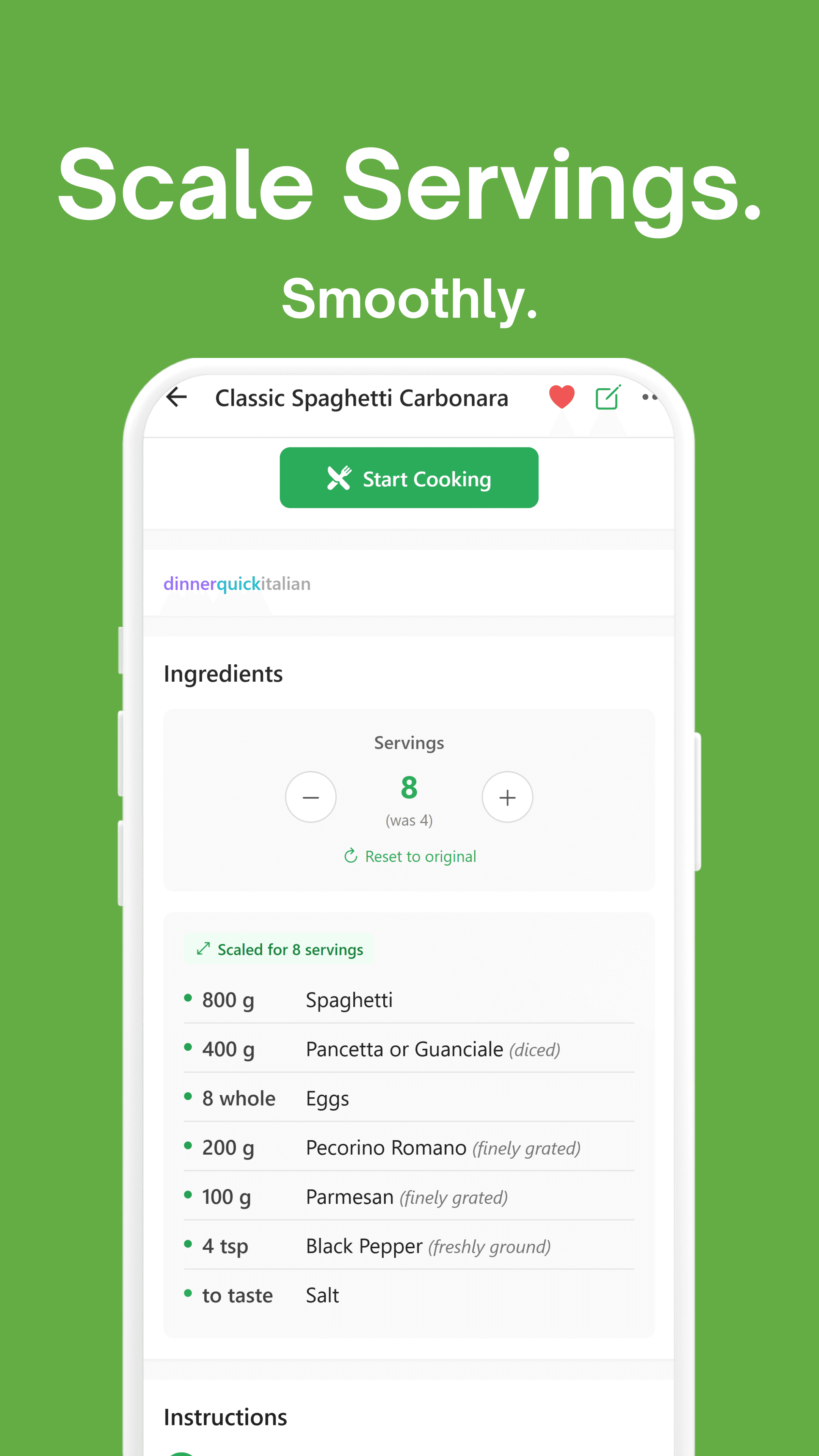 KitchenSync store listing: scaling a recipe's ingredients to a different number of servings.
