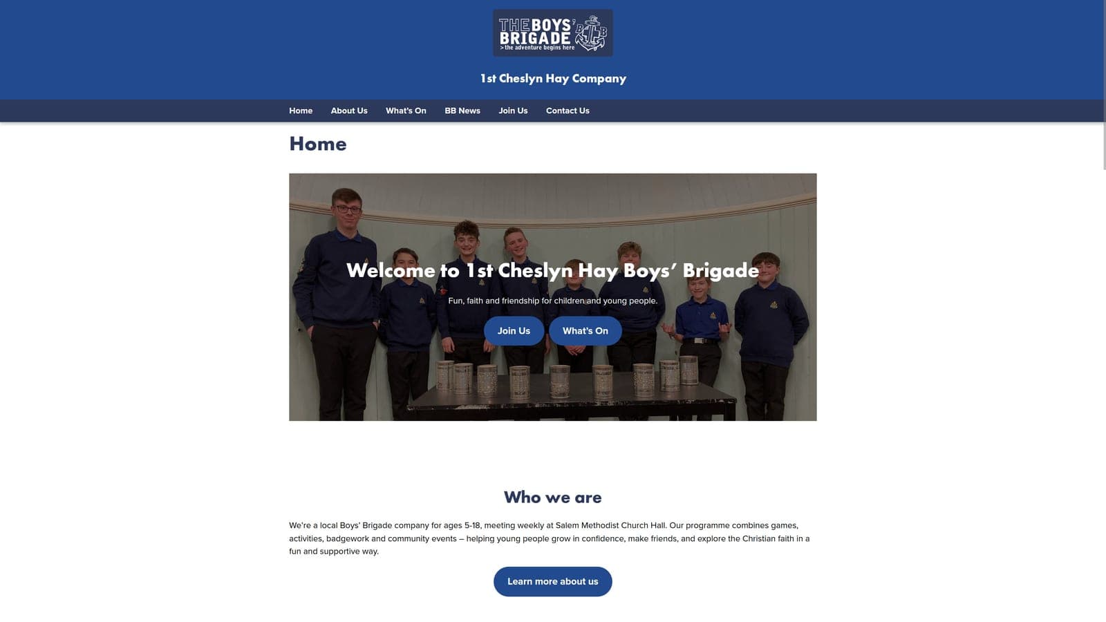 The 1st Cheslyn Hay Boys' Brigade homepage: the Boys' Brigade logo over a navy header, a welcome banner photo of the company, and a Who we are section.
