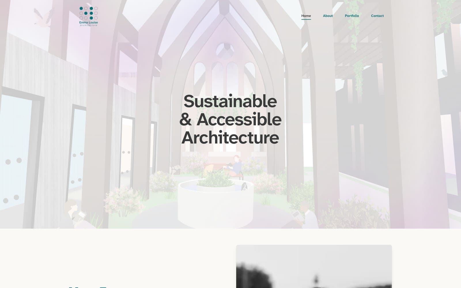 The Emma Louise Architecture homepage: an illustrated atrium under the headline Sustainable & Accessible Architecture, then a Meet Emma section with her portrait.