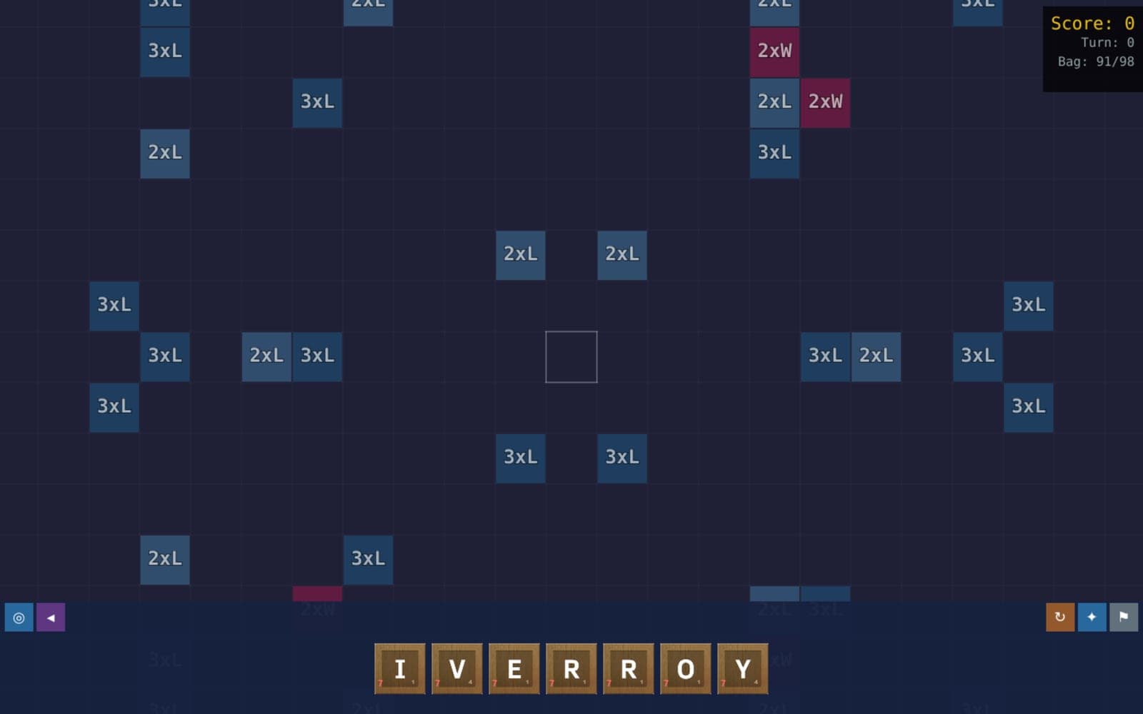 Lexic in a desktop browser at the start of a daily challenge: the board grid with its double and triple letter and word cells, the player's rack of seven wooden tiles along the bottom, and the score, turn and bag count top right.