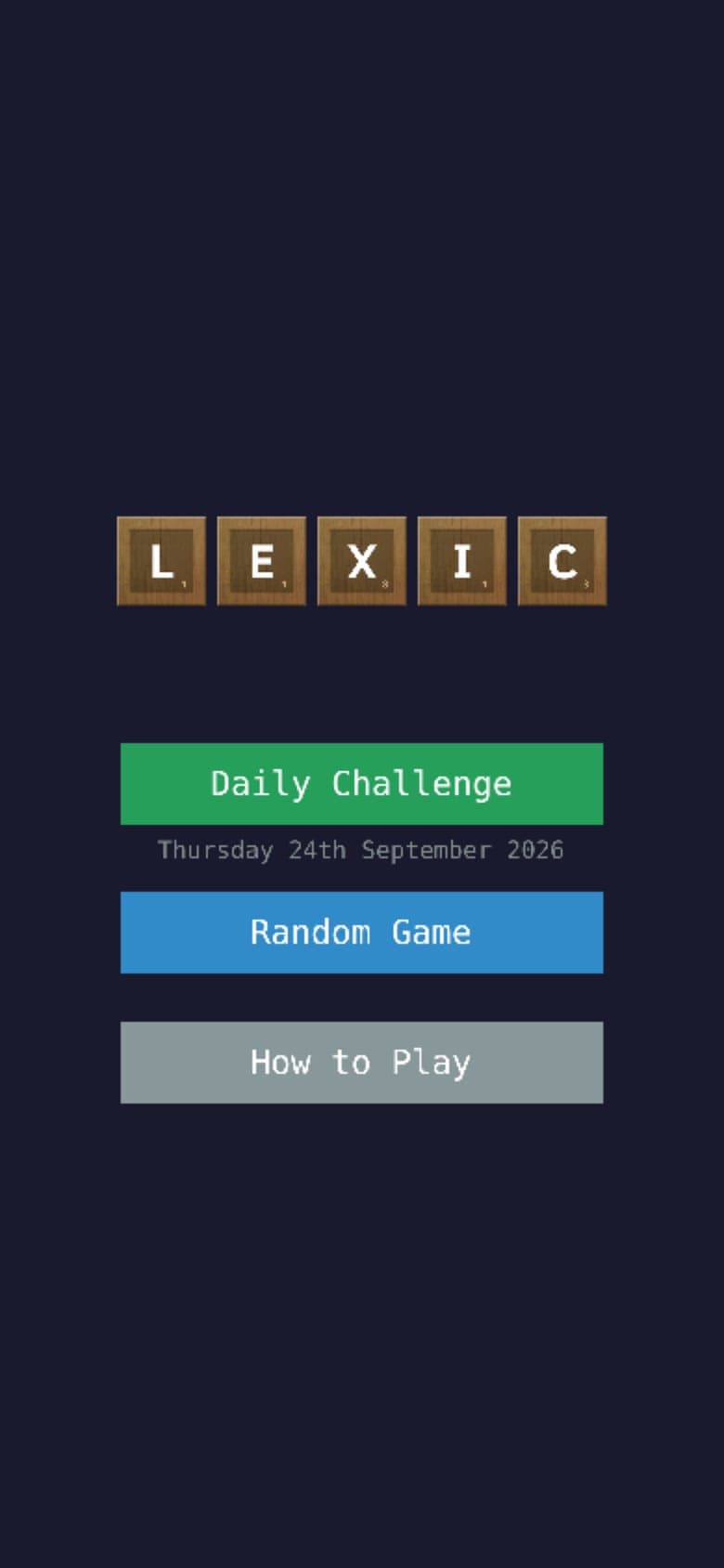 Lexic's title screen on a phone: the LEXIC tiles above Daily Challenge, Random Game and How to Play.